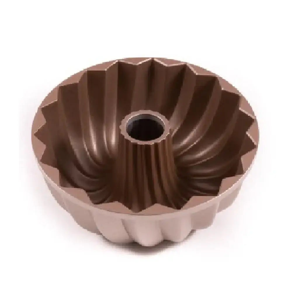 Metallic Bundt cake pan on a white background