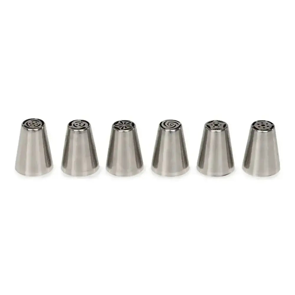 Set of seven metal icing nozzles on a white background