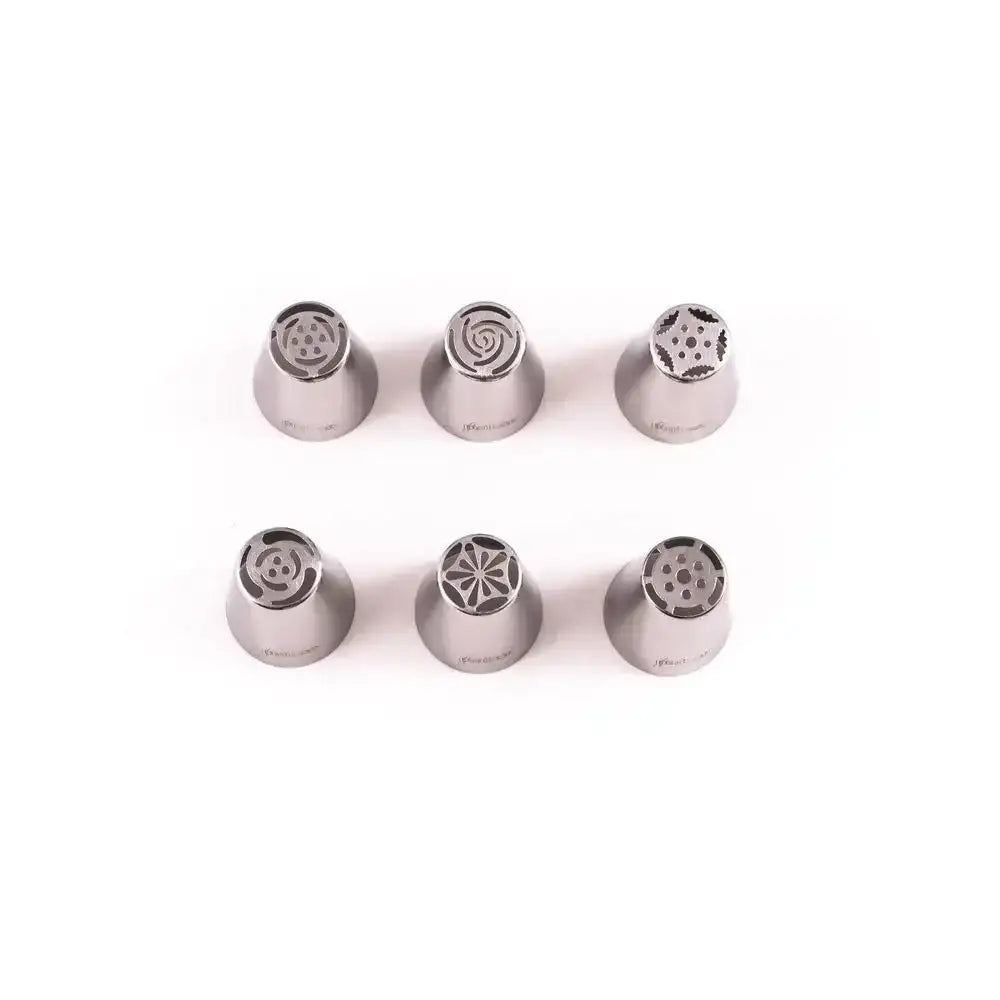 Set of six metal icing nozzles on a white background