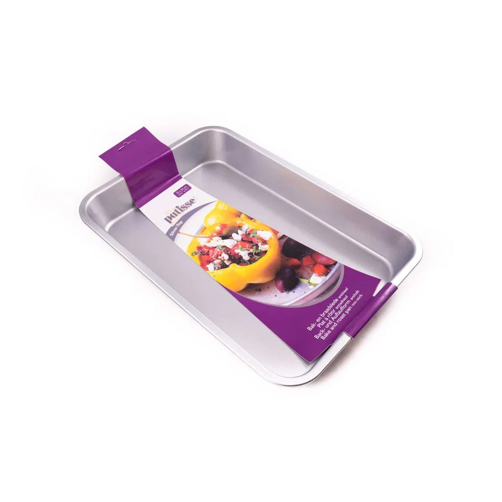 Baking tray with purple handle and branded packaging on a white background