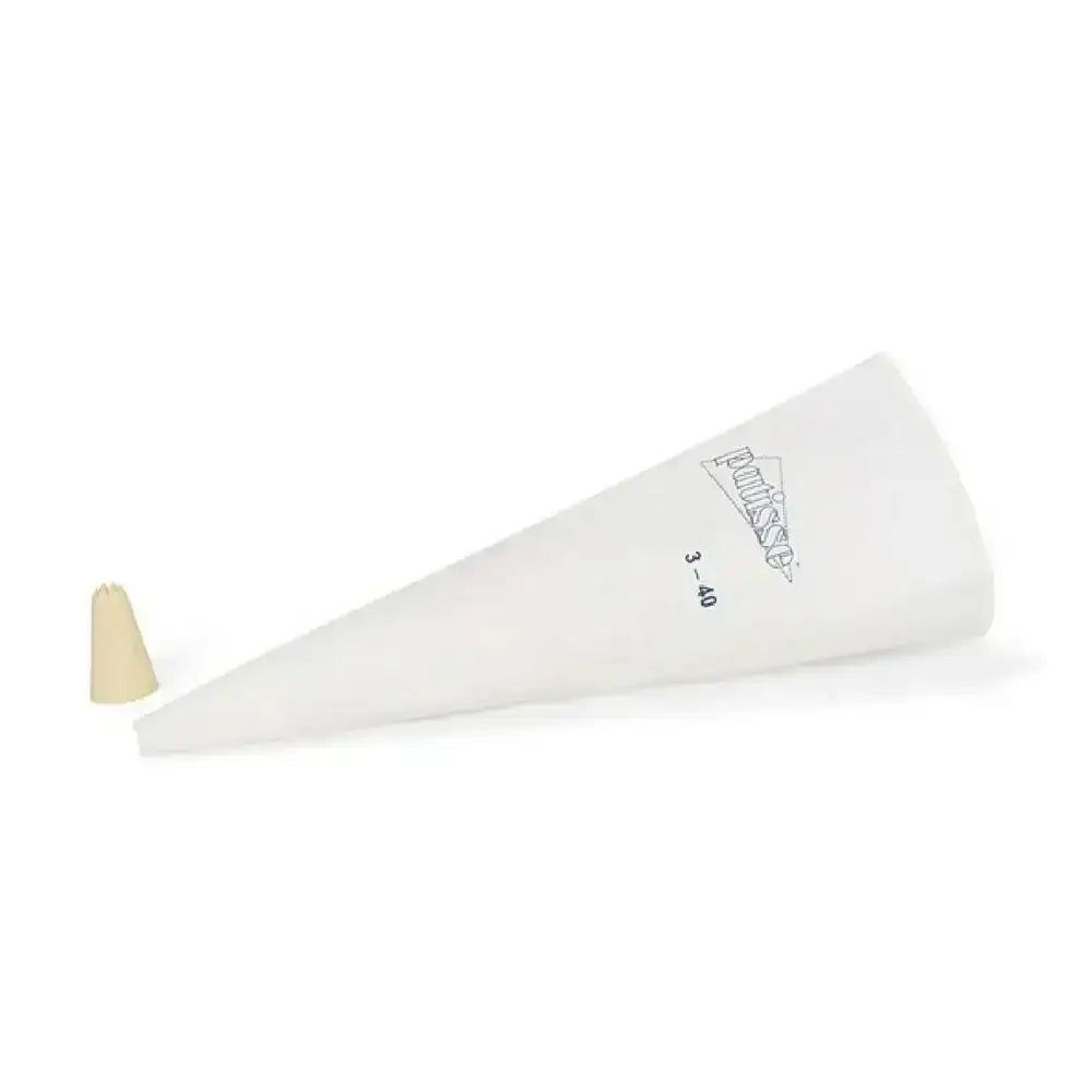 White piping bag with a smaller white cone on a white background