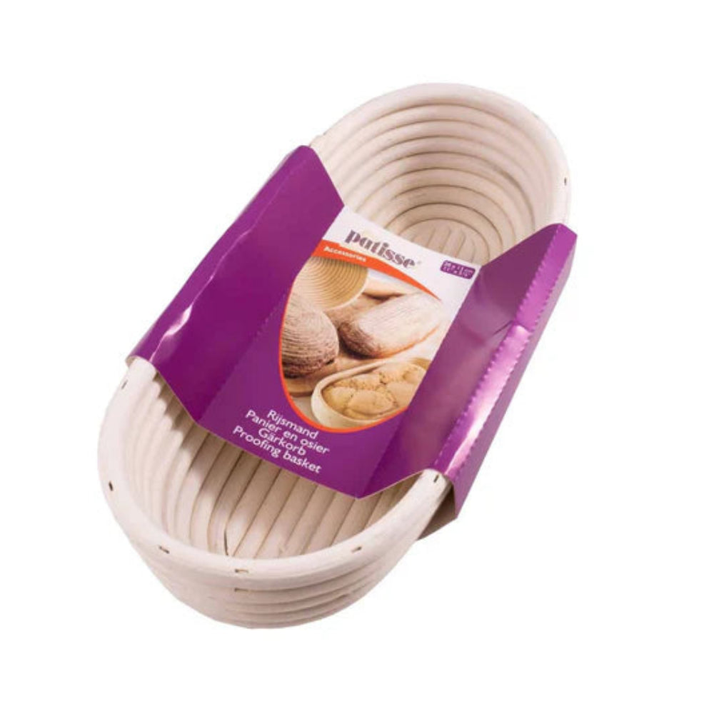 A white plastic round bread dough basket with a purple paper label wrapper, photographed on a solid white background.