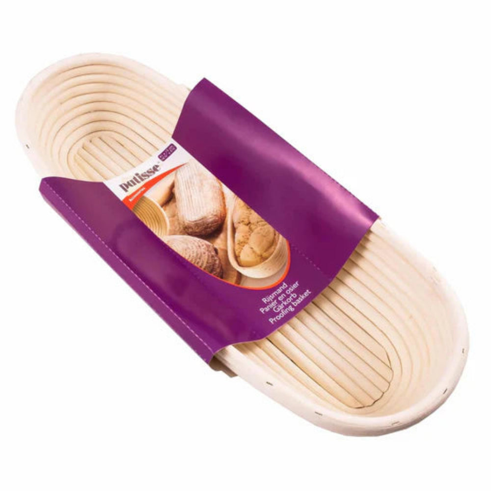 Bread proofing basket with a purple packaging on a white background