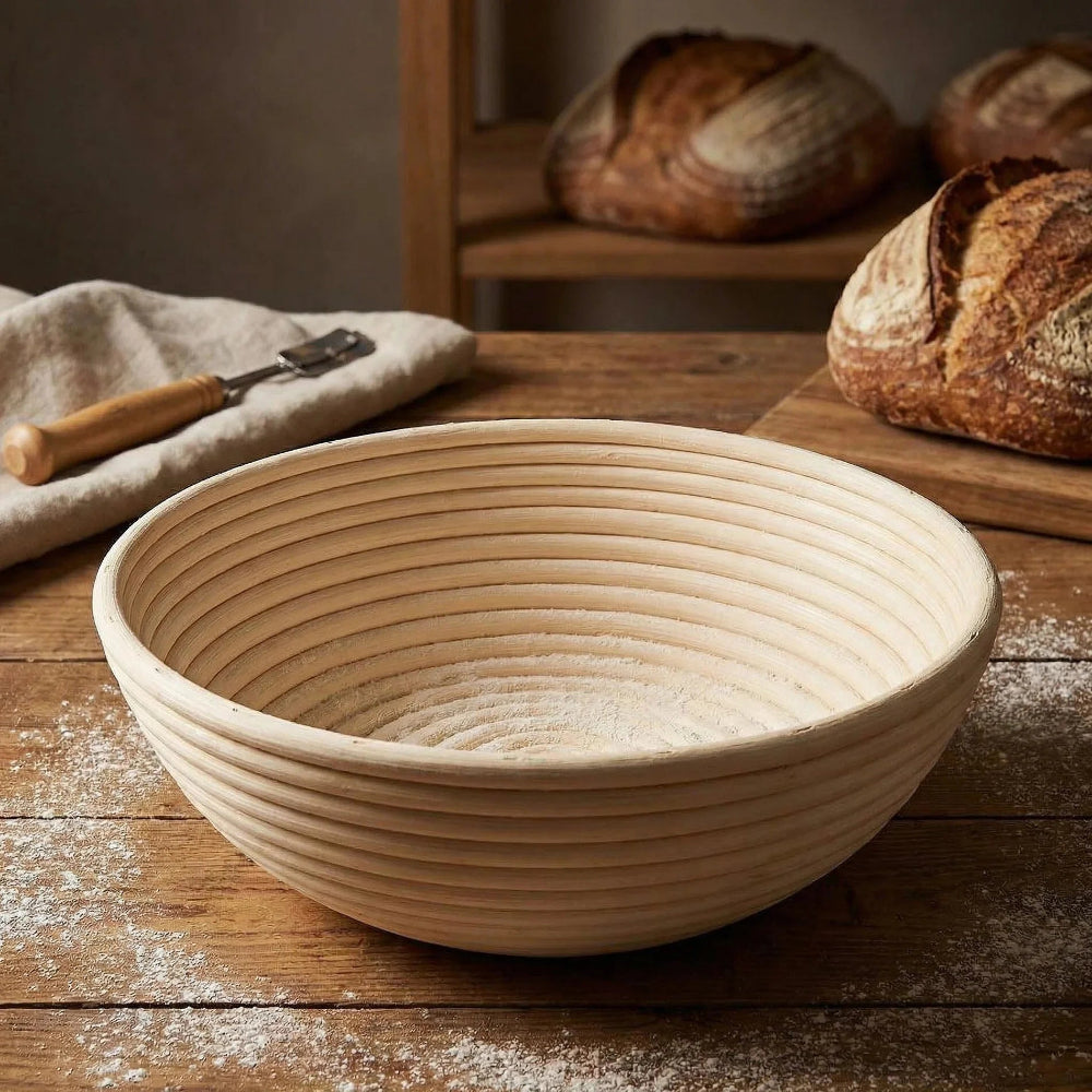 A natural wood banneton mixing bowl with concentric ridges sits on a rustic wooden table floured, with a metal bench scraper nearby and loaves of bread in the background.