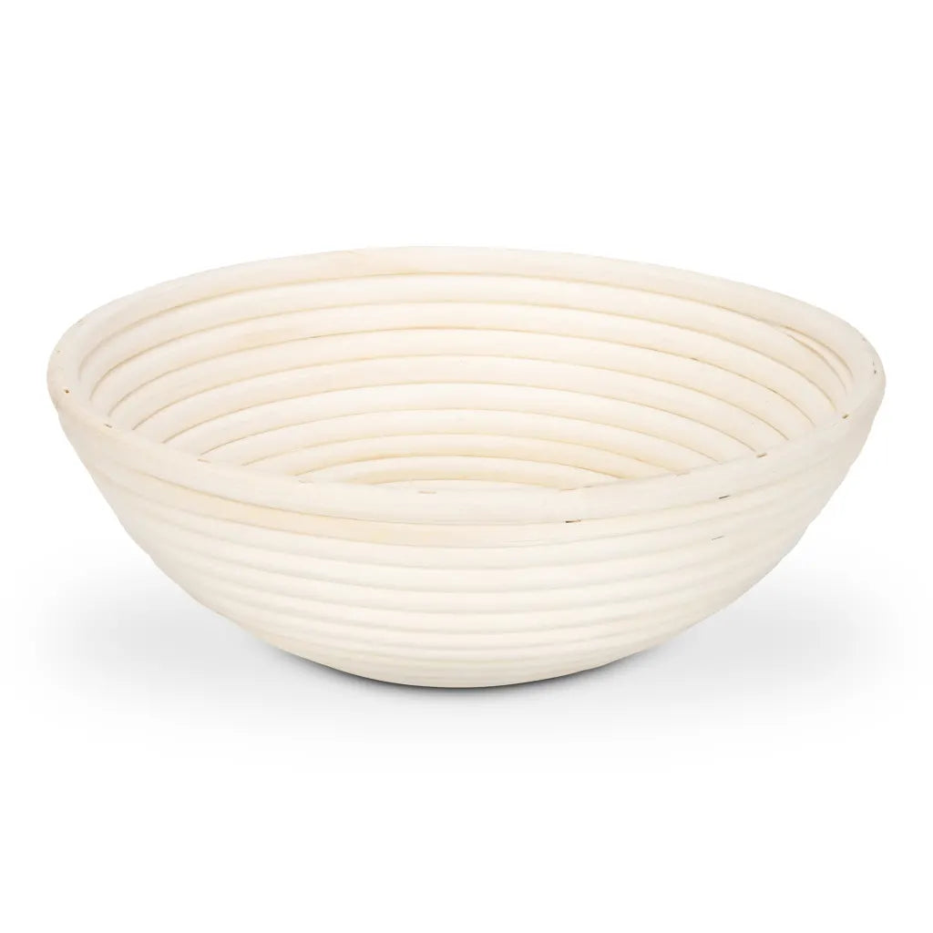 An off-white woven basket with concentric circular bands, photographed on a clean white background.