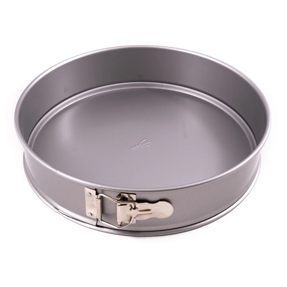 Gray springform pan with a metallic clasp on a white background