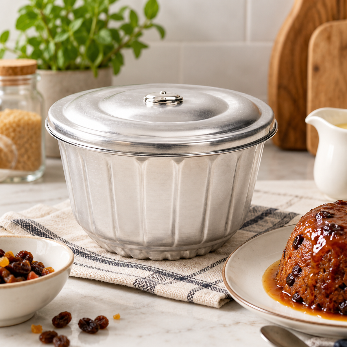 Aluminium pudding steamer on a kitchen tea towel, on a kitchen counter with baking goods