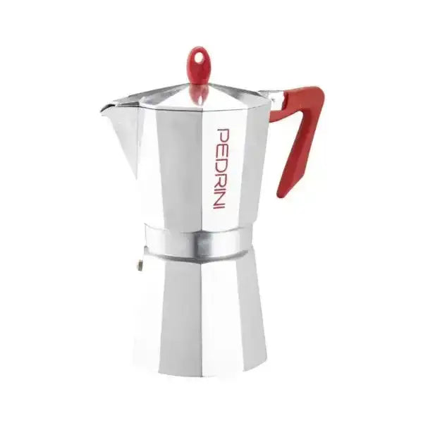 Silver coffee maker with red handle and lid on a white background