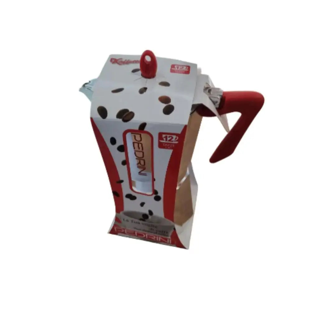 Red and white coffee maker with coffee bean design on a white background