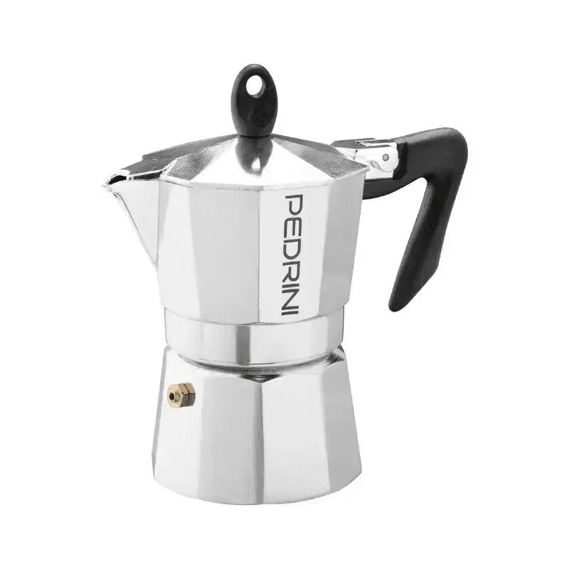 Silver metallic Pedrini moka pot with black plastic handle and knob for stovetop espresso brewing 3 cup capacity