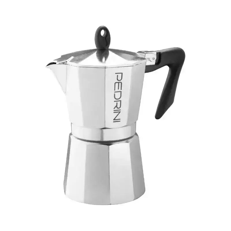Silver stovetop espresso maker with black handle on a white background, featuring the Pedrini brand.