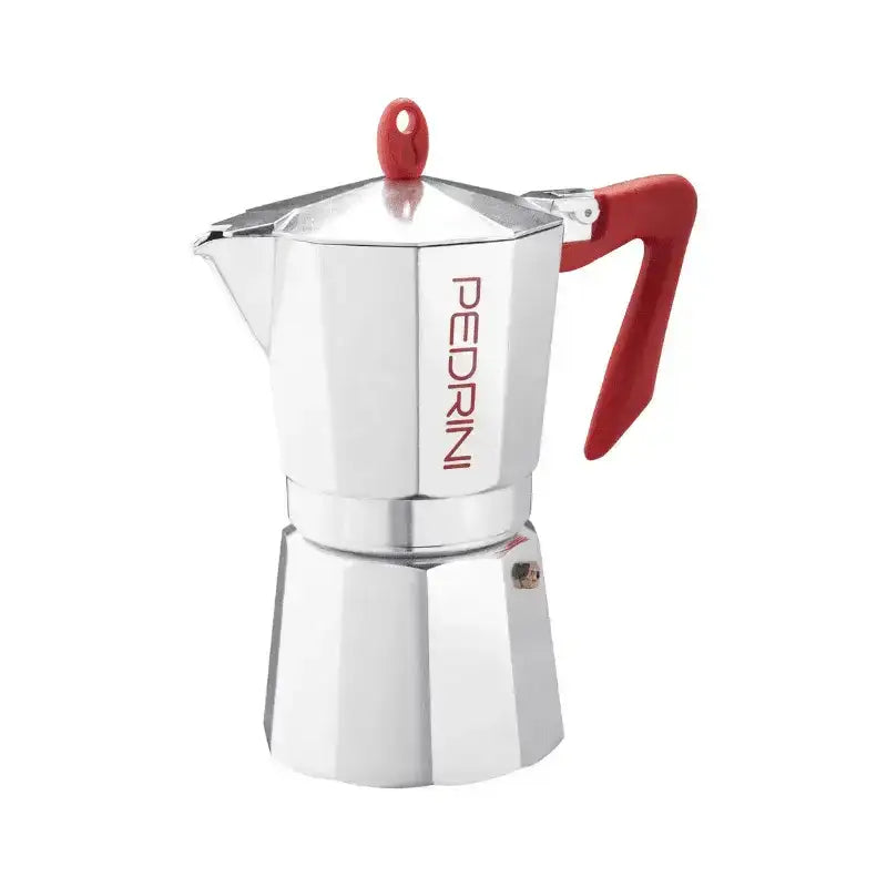 Silver stovetop coffee maker with red handle and lid on a white background