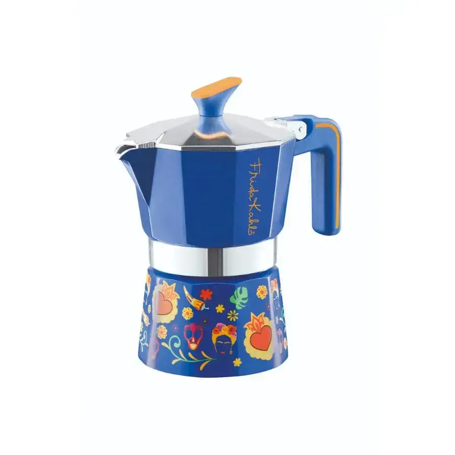 Blue coffee maker with colorful design on a white background
