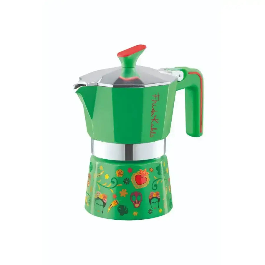 Green and red coffee maker with floral designs on a white background