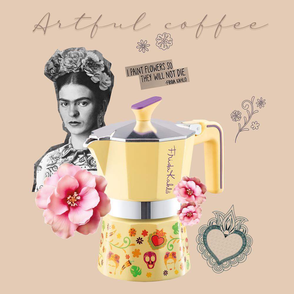 Yellow coffee maker with floral design and Frida Kahlo illustration on a beige background