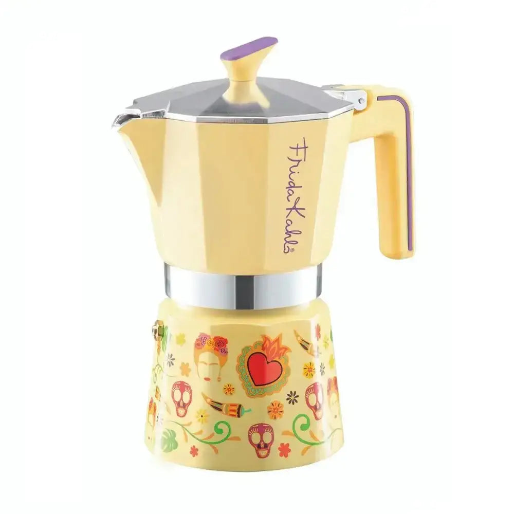 Yellow coffee maker with colorful designs on a white background