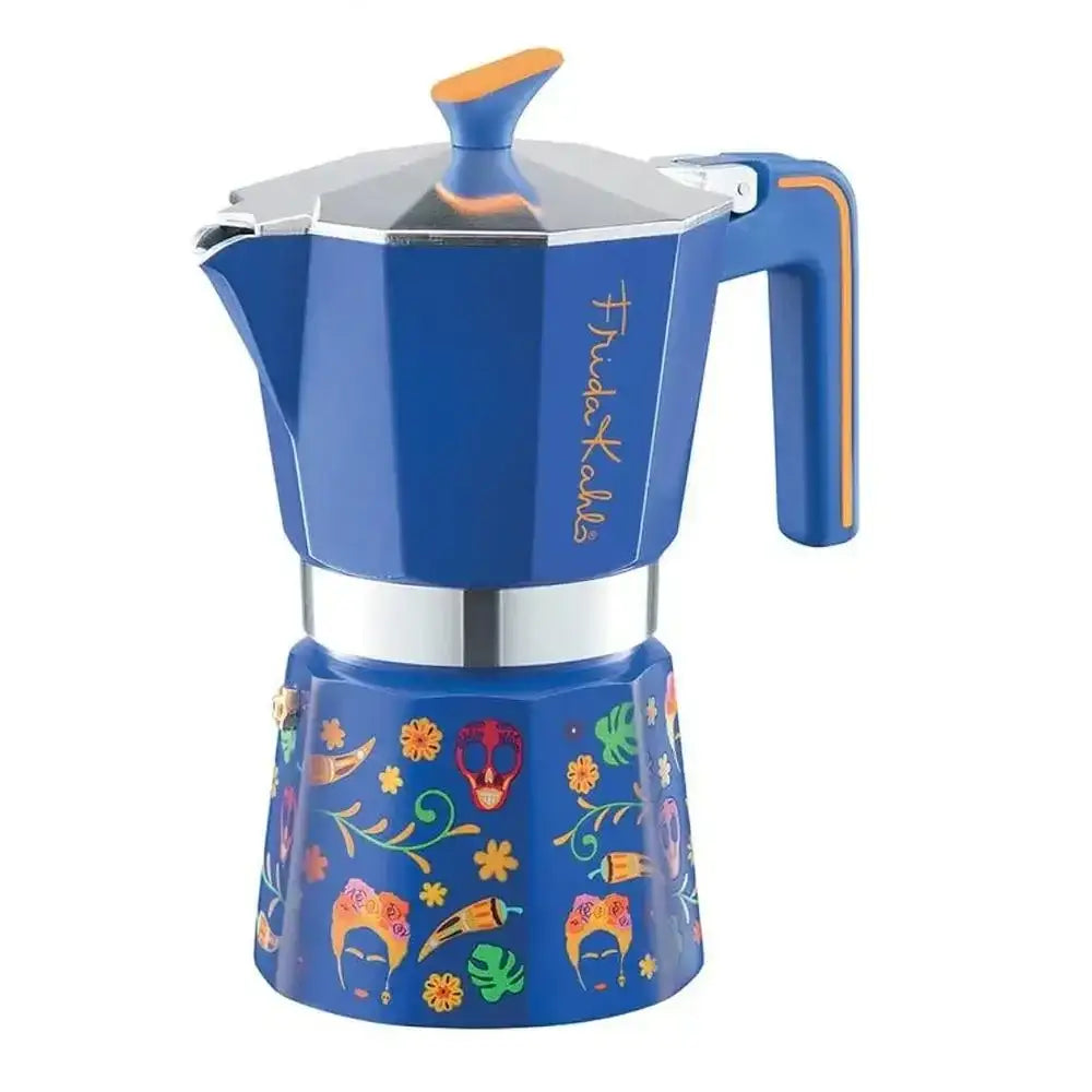 Blue coffee maker with colorful designs on a white background