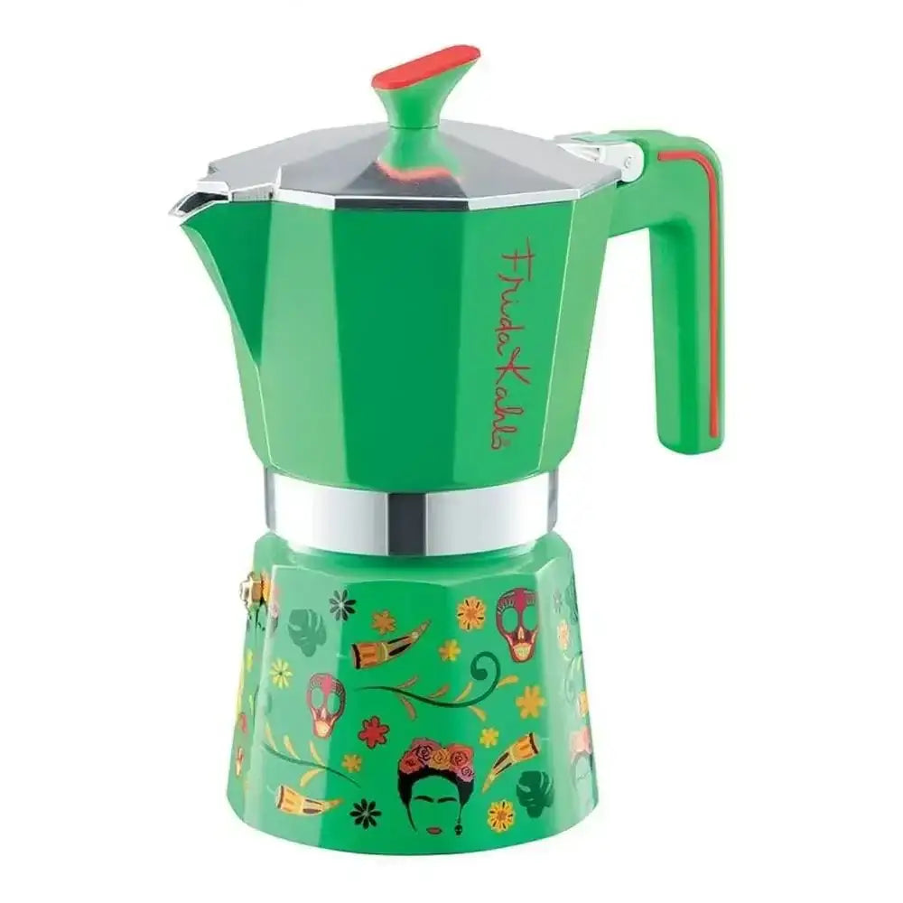 Green coffee maker with colorful designs on a white background