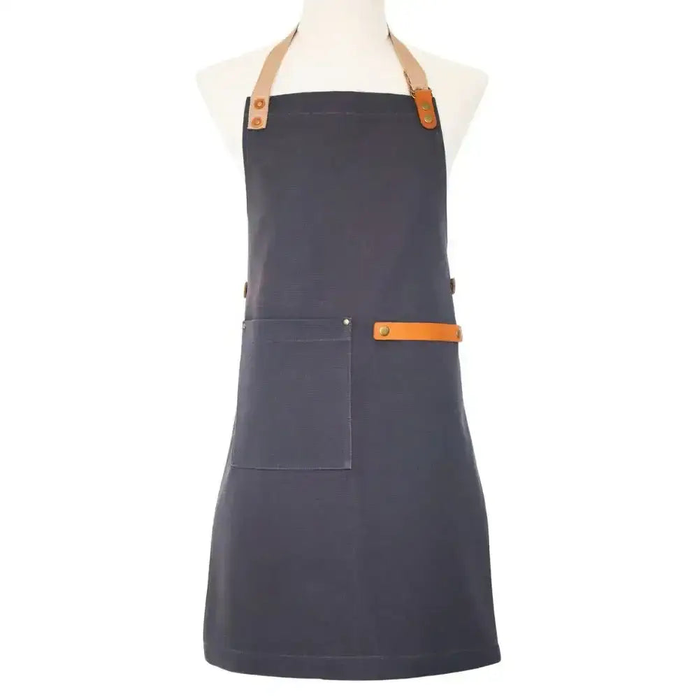 Charcoal Navy apron with brown leather straps and pockets on a mannequin against a white background
