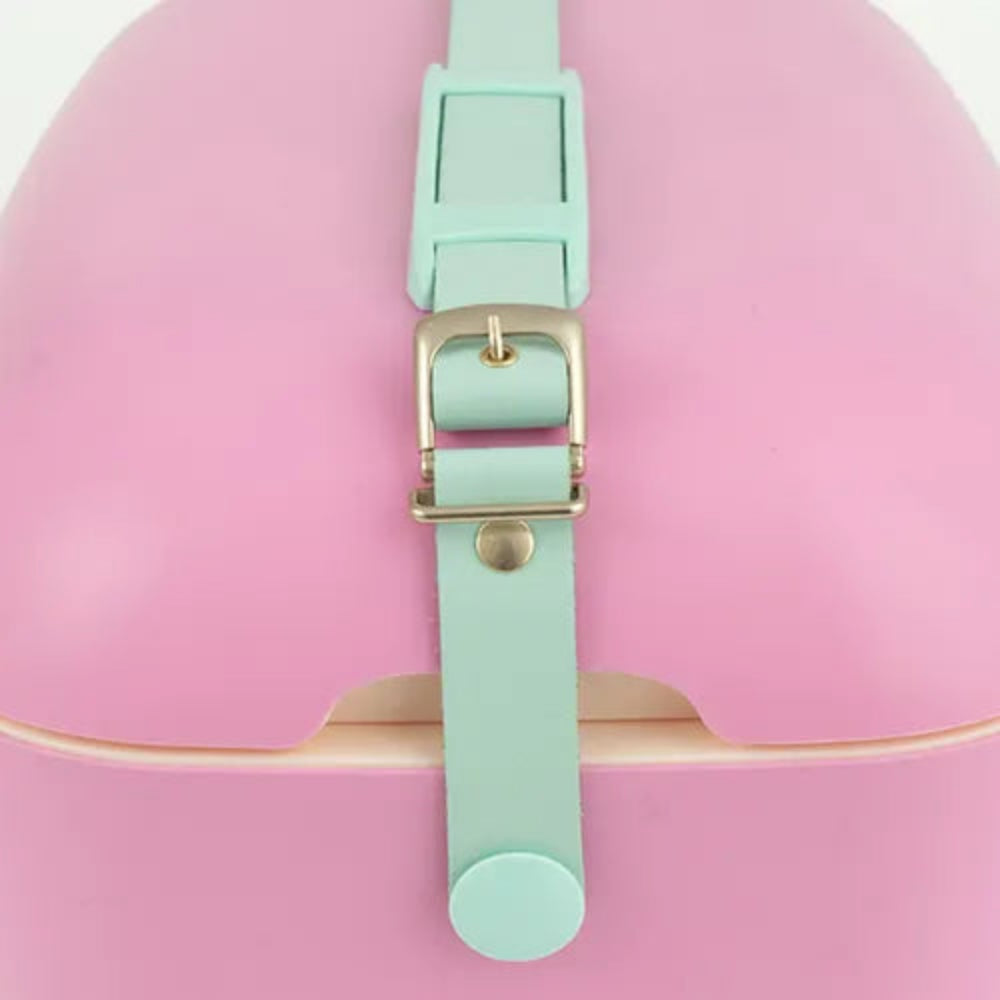 Close-up of a pink container with a mint green strap and gold buckle on a light pink background.