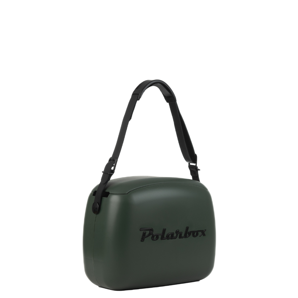 Green carrying case with a black strap on a white background, featuring the Polarbox logo.