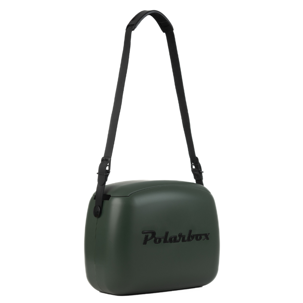 Green shoulder bag with 'Polarbox' branding on a white background