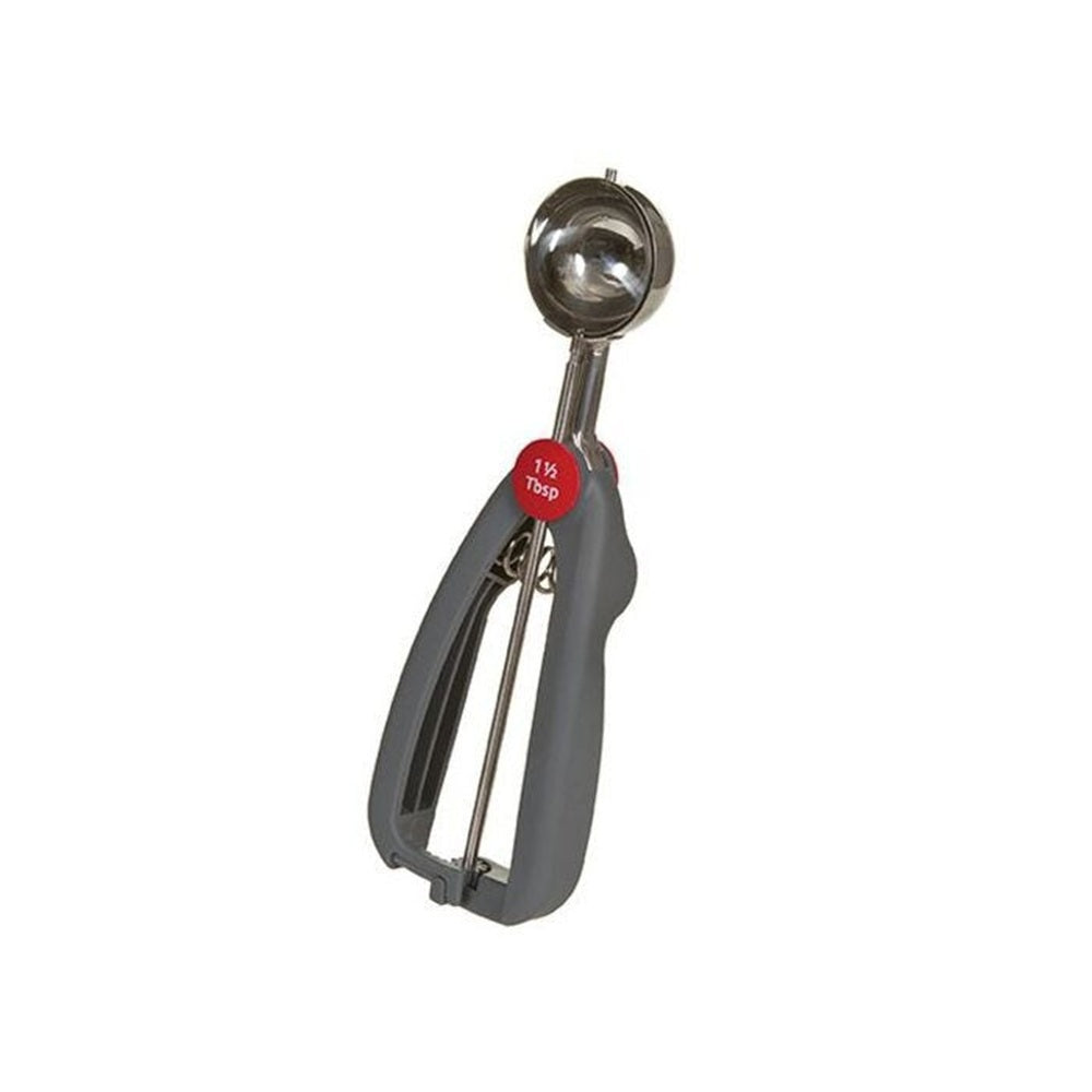 Metallic kitchen scoop with a gray handle on a white background