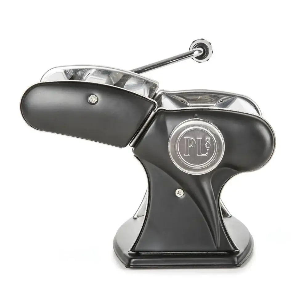 Black apple peeler with a visible brand logo on a white background