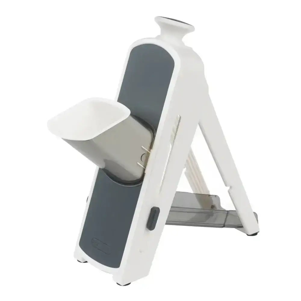 White and gray step ladder with a small basket on a white background
