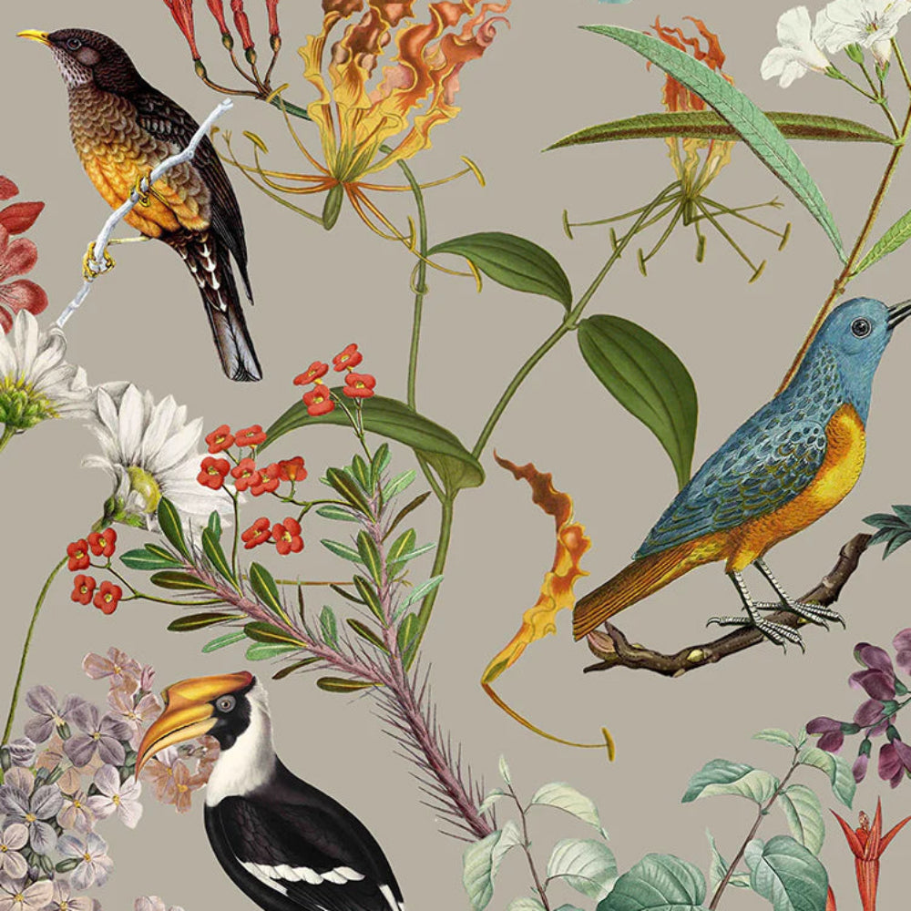Vintage-style illustration of birds and flowers on a beige background