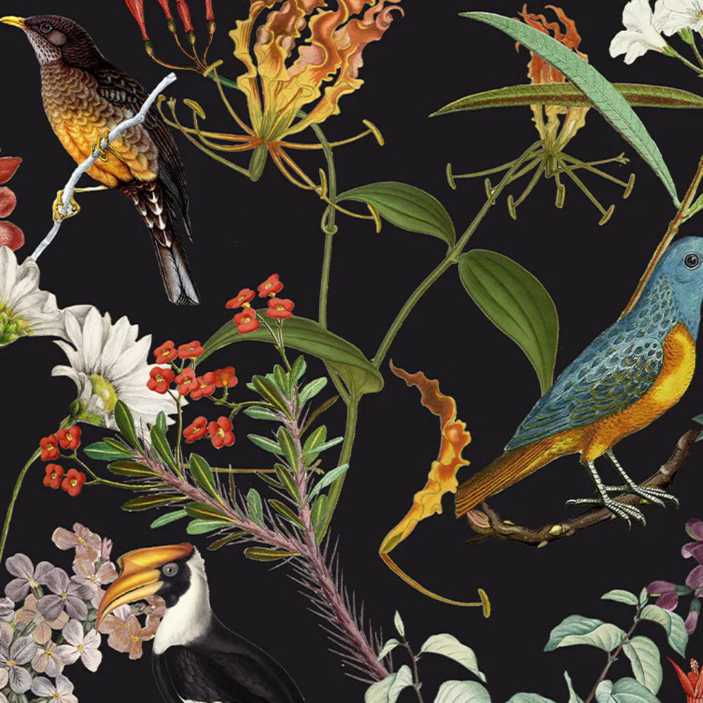 Festive floral and bird pattern with a black background