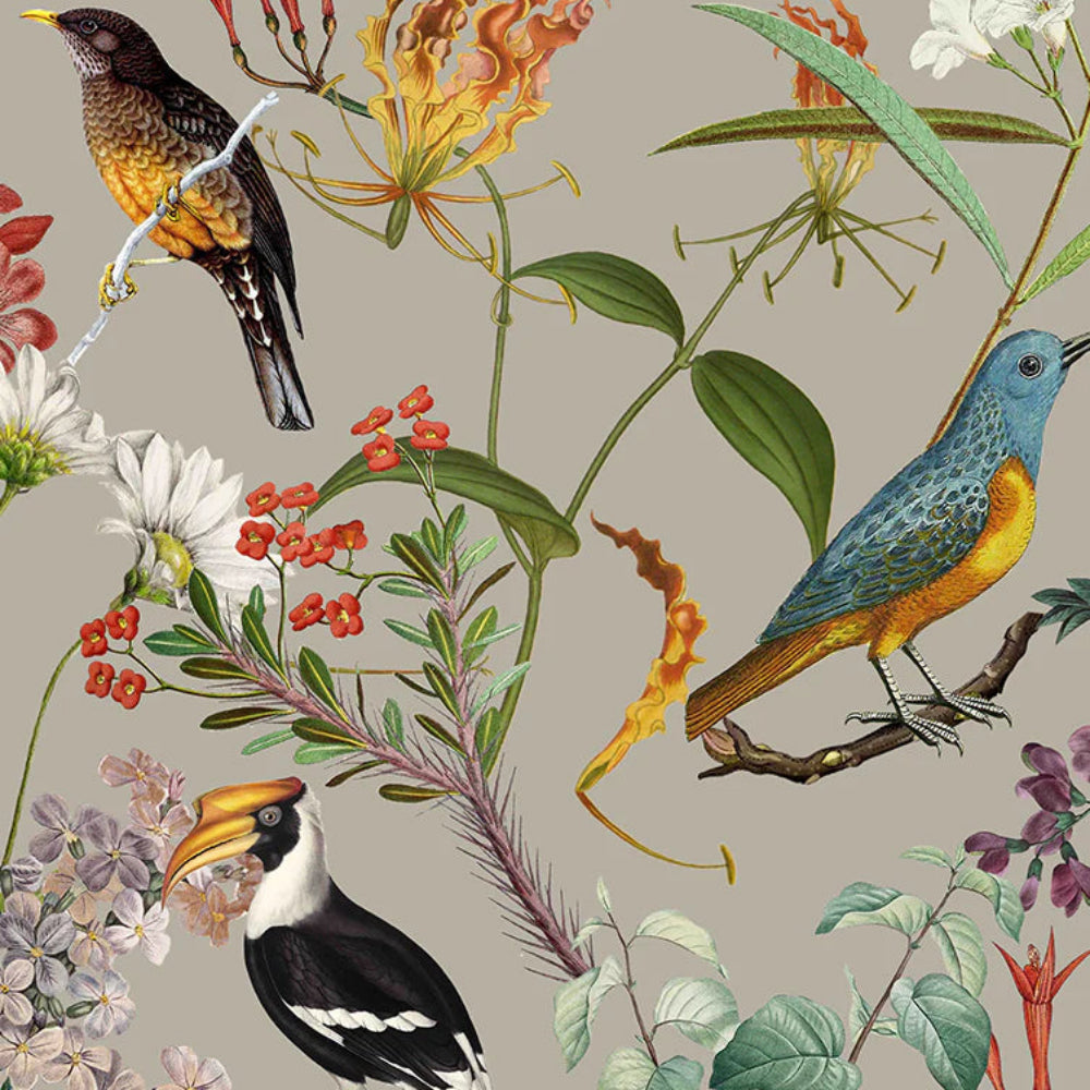 Vintage-style illustration of birds and flowers on a beige background