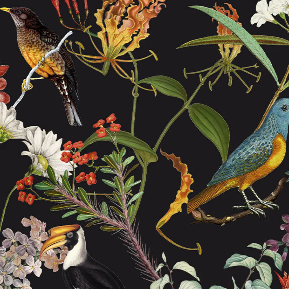 Festive floral and bird pattern tea towel with a black background