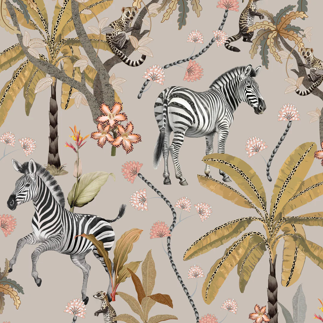 A tea towel repeating illustrated pattern featuring two zebras, palm trees, monkeys, flowers, and birds on a warm taupe background.