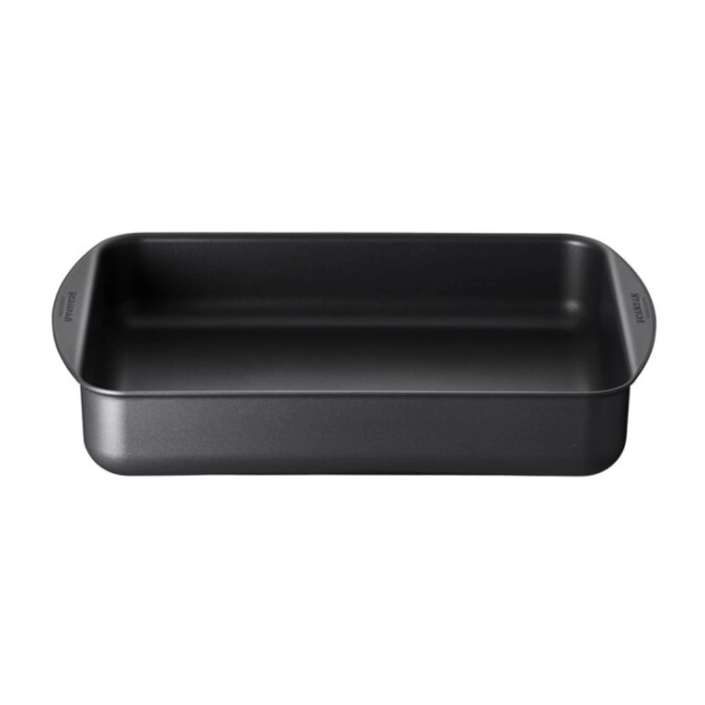 Black roasting pan on a white background.