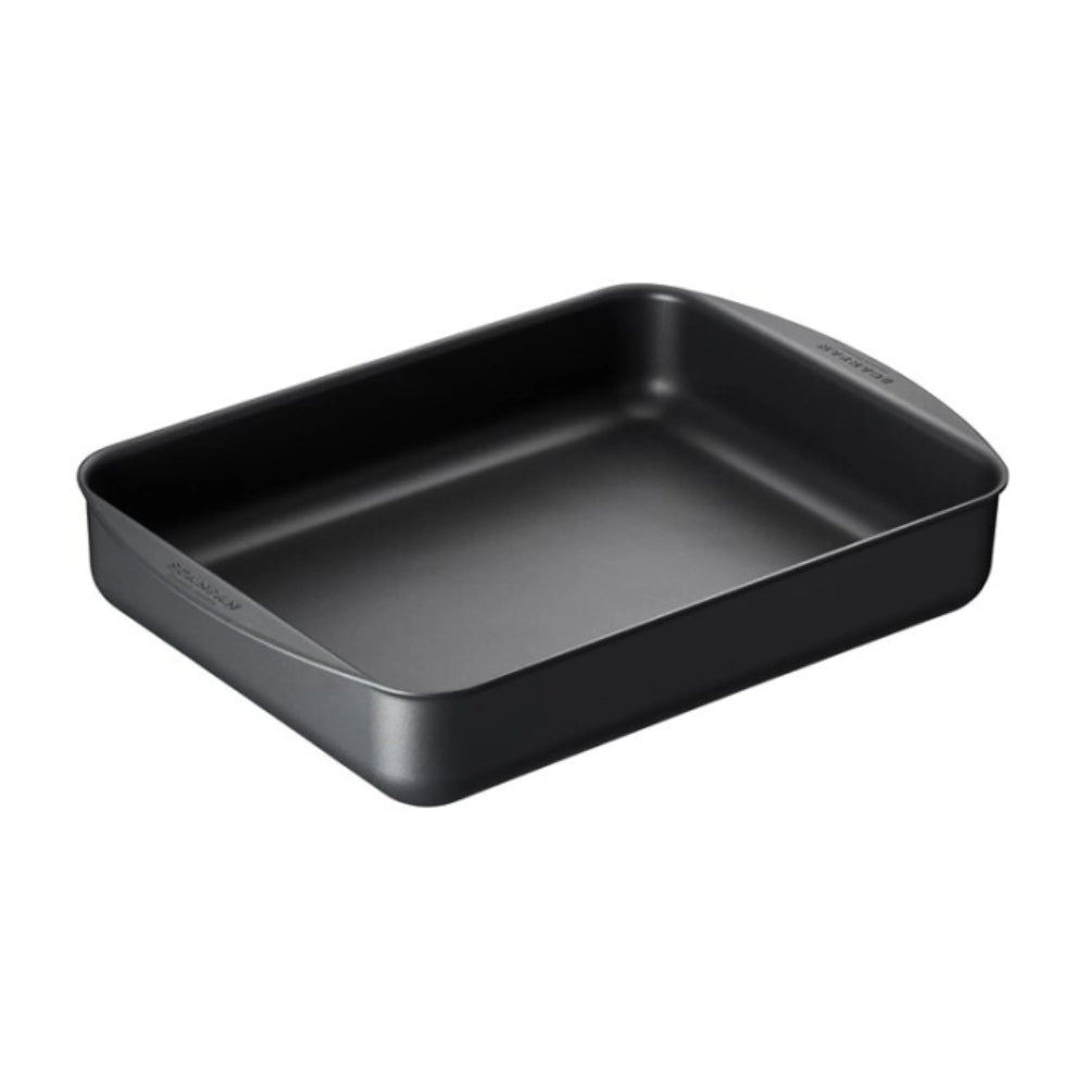 Black roasting pan on a white background.