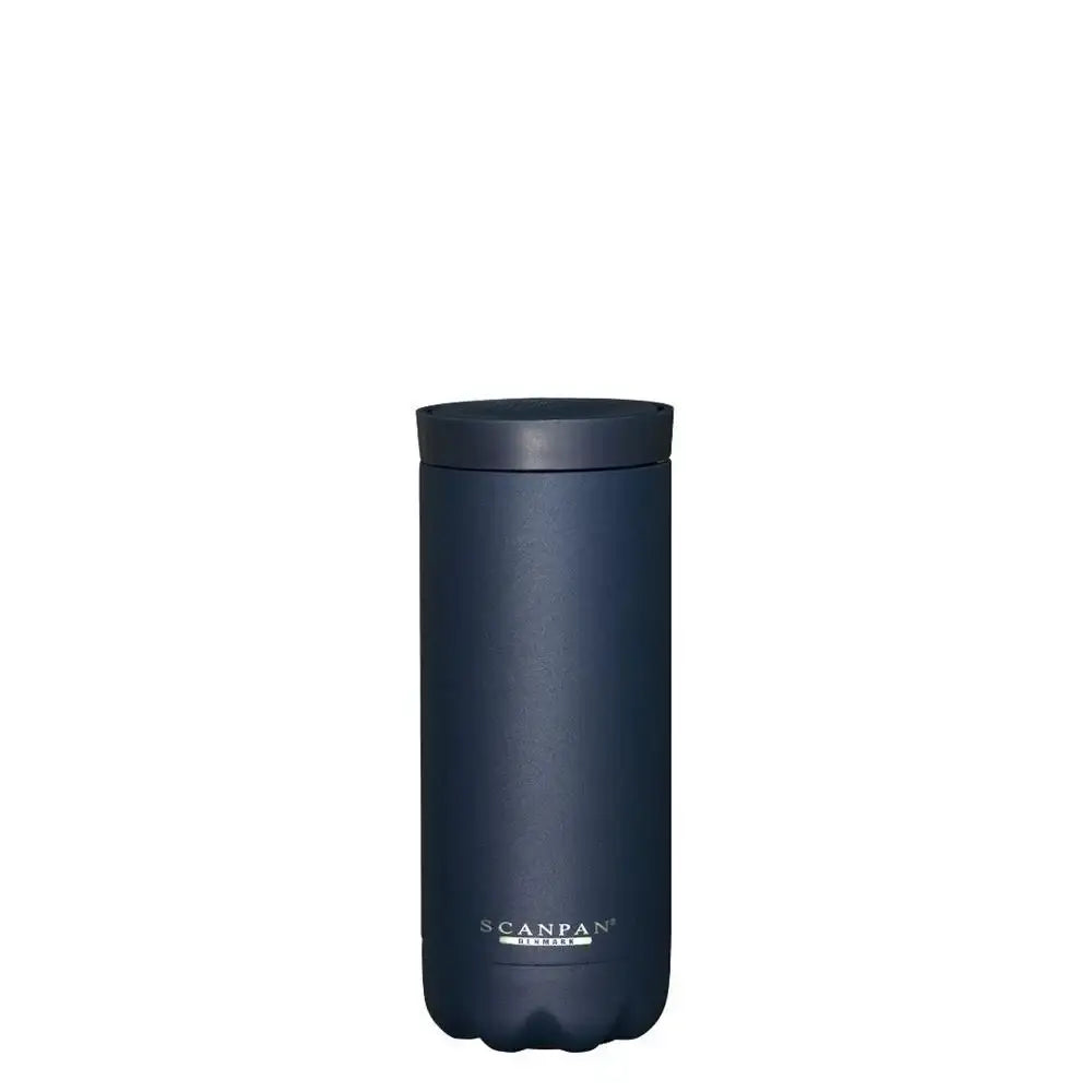 Navy blue tumbler with 'Scanpan' branding on a white background
