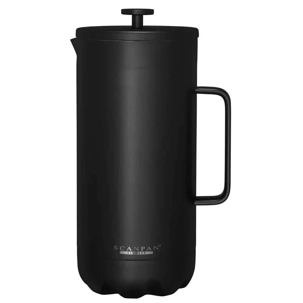 Black French press coffee maker on a white background