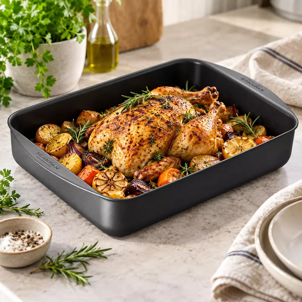 Scanpan classic roasting pan with roast chicken, roast vegetables served on a table