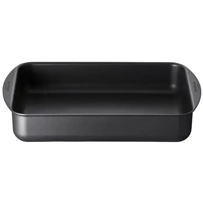 Black rectangular baking dish on a white background