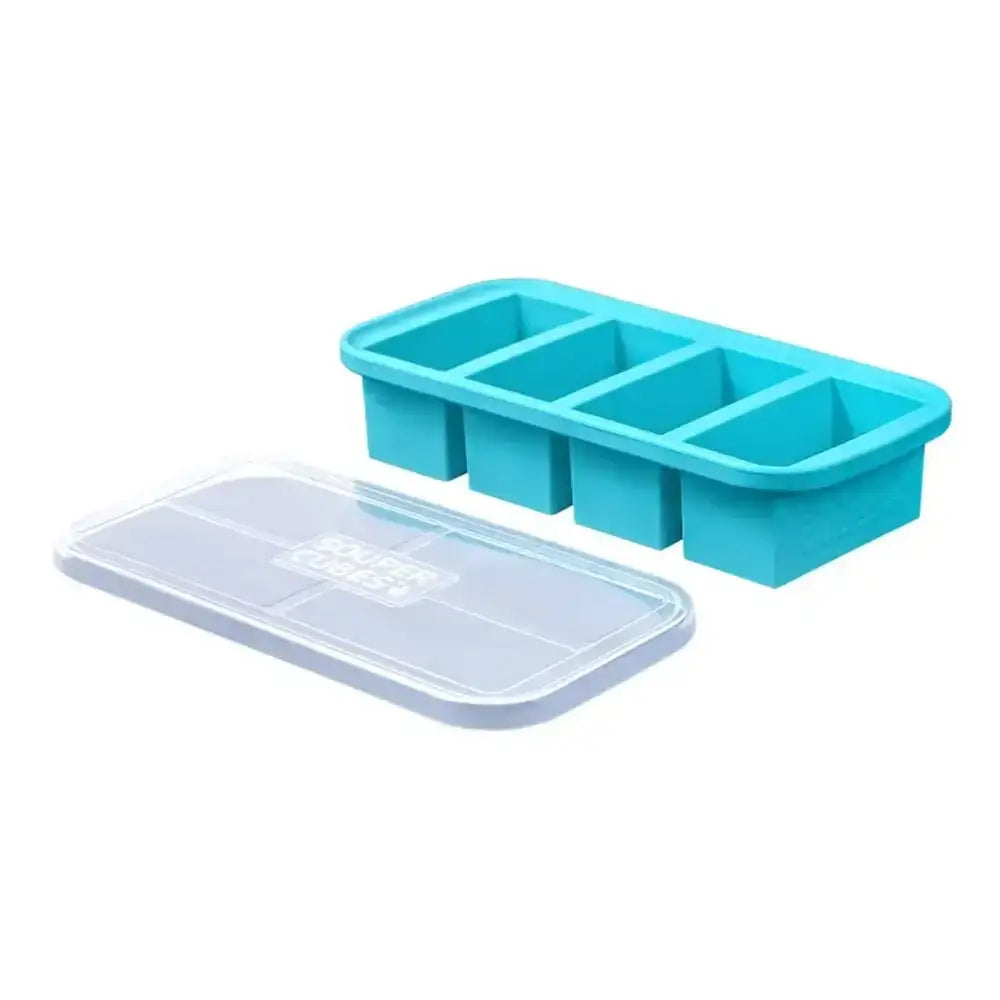 Turquoise ice cube tray with clear lid on a white background