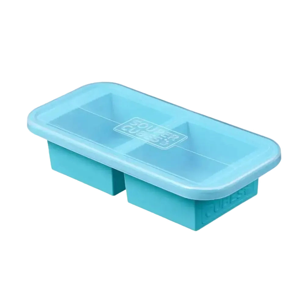 Blue silicone ice cube tray on a white background