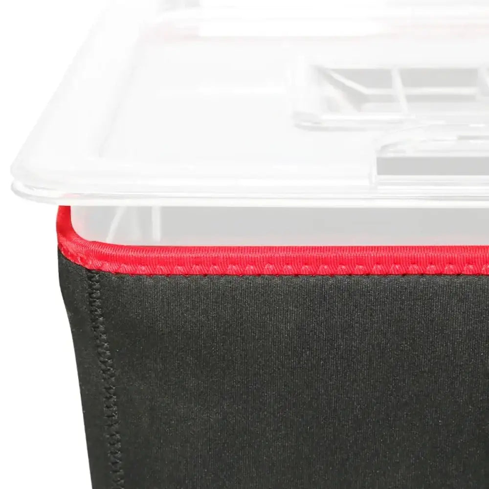 Close-up of a cooler bag with a red zipper and white lid.