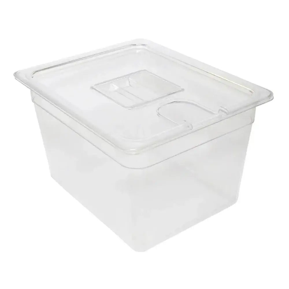 Clear plastic food container with lid on a white background