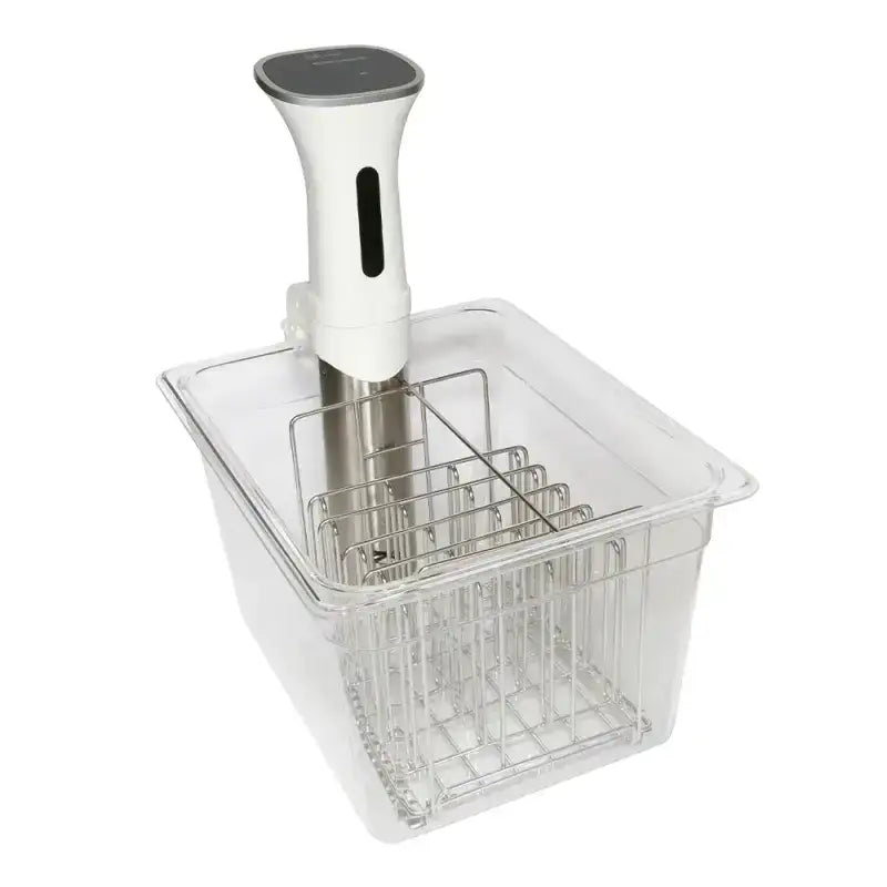 White immersion blender with a clear container on a white background