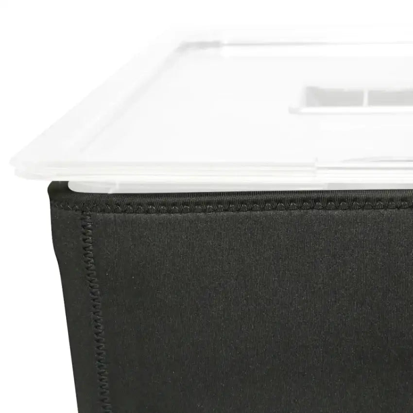 Black neoprene sleeve with a clear plastic lid on a white background