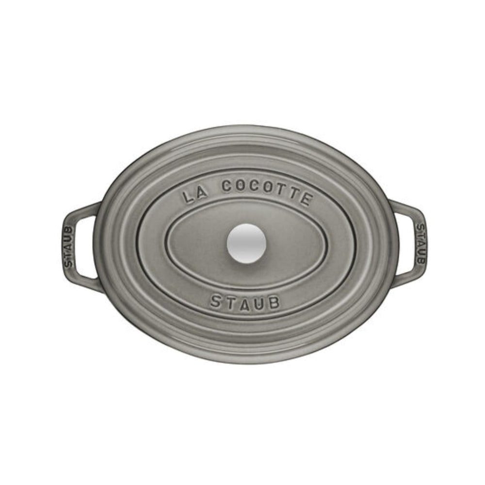 Gray 'La Cocotte' Staub cookware on a white background