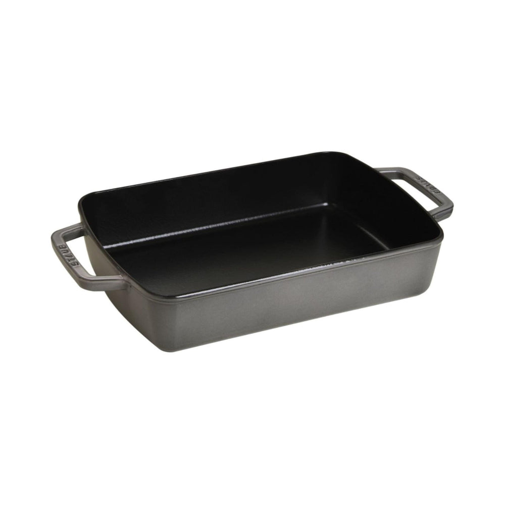 Rectangular baking dish with handles on a white background