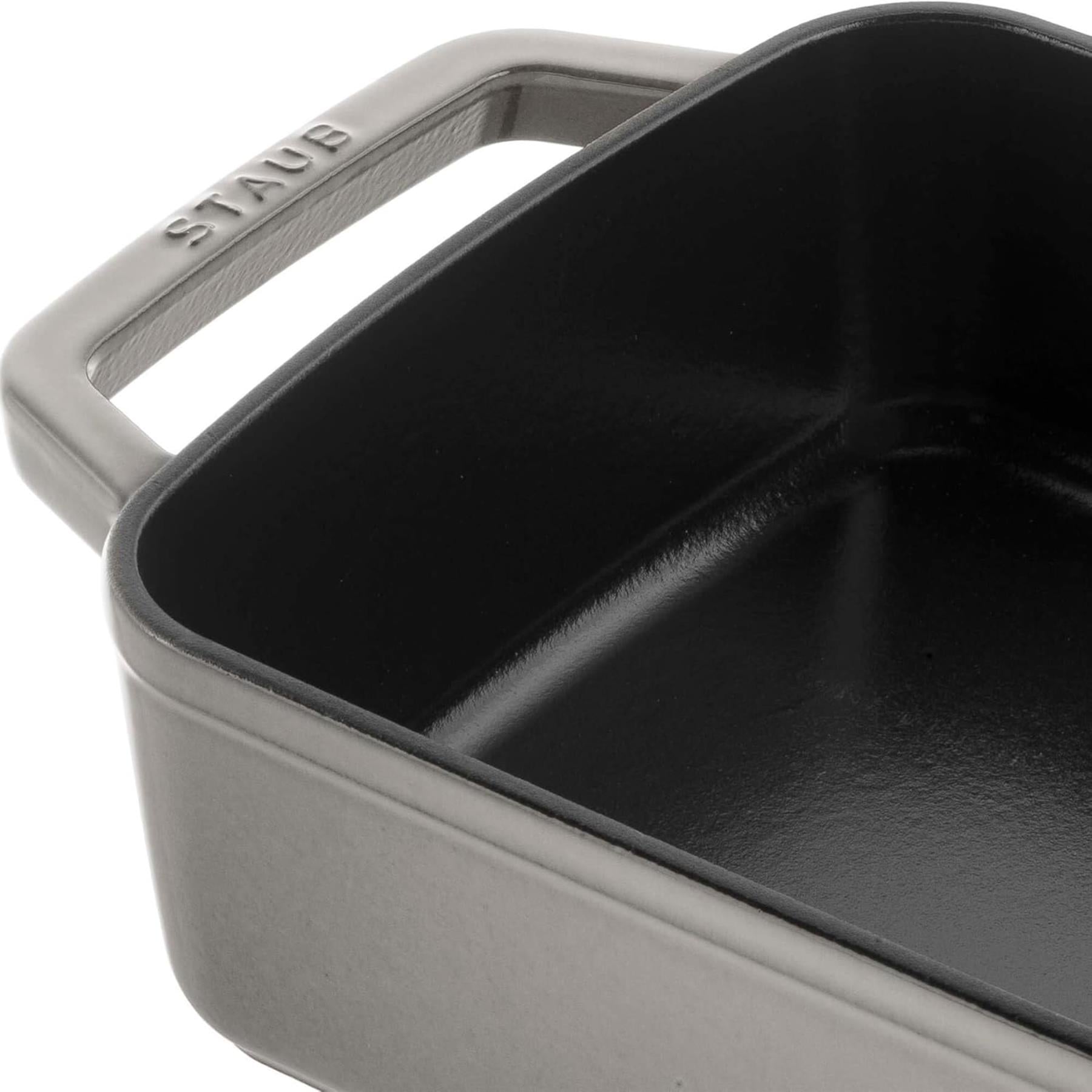 Gray Staub rectangular baking dish on a white background
