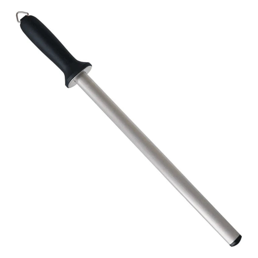 Metal rod with black handle on a white background